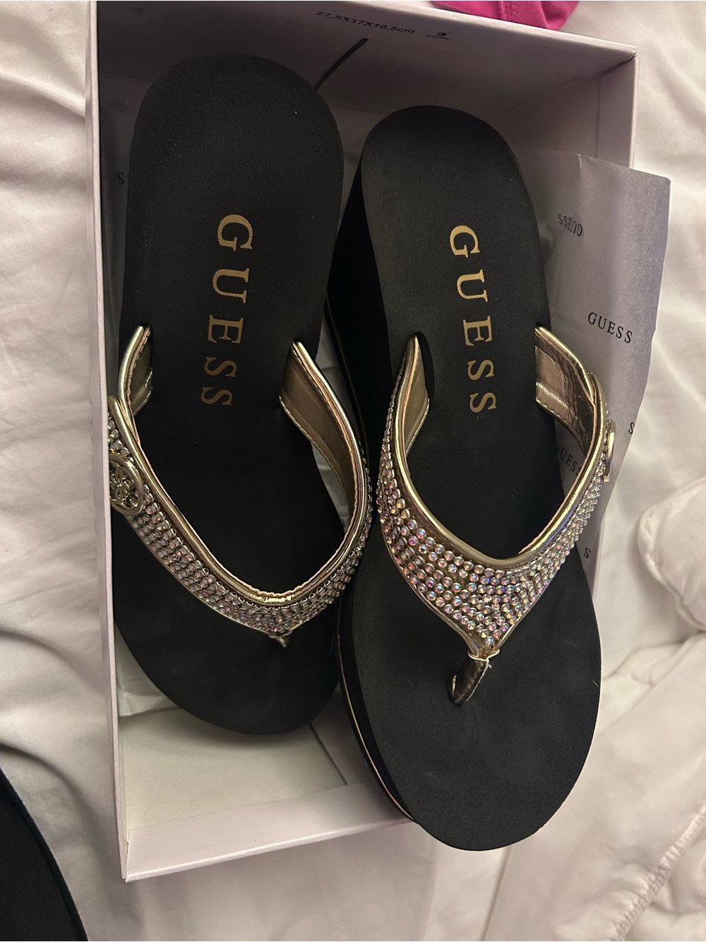 GUESS Black Footbed Wedge Thongs with Gold Rhinestone Straps